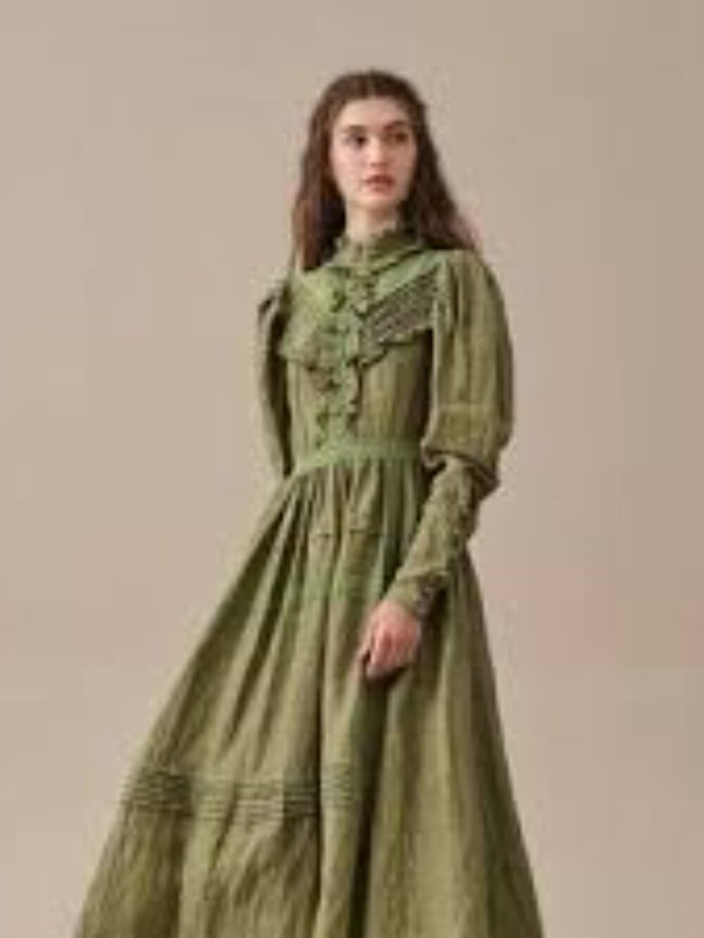 Linennaive Mary 18 Linen Olive Green Gathered Midi Dress Pintuck & Ruffle Detail